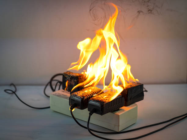 overloaded socket on fire to show the need to be safe