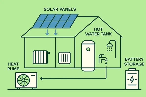ASHP, solar and battery on house image