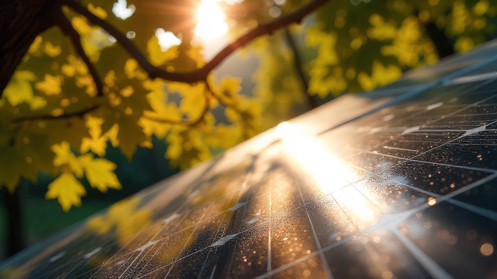 stock image of solar panels and tree